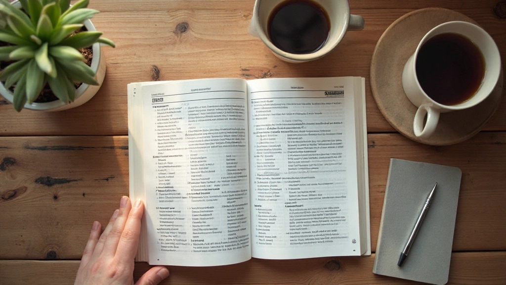 Open boek met Nederlands lesmateriaal op houten bureau met kopje koffie en notitieboekje