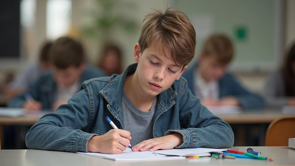 Leerling schrijft voornaamwoorden op in een notitieboek met kleurrijke markeringen