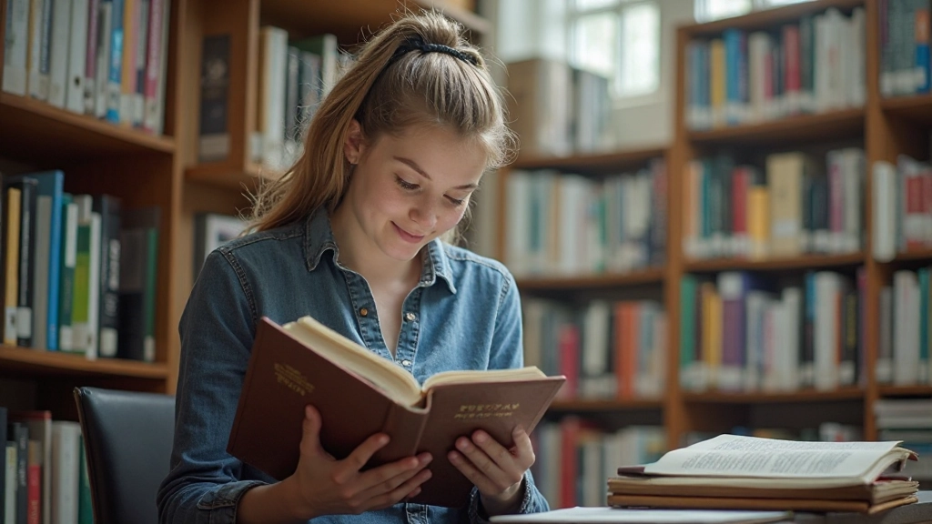Studente die Nederlands boek leest in bibliotheek omgeven door taallearning materialen en woordenlijsten