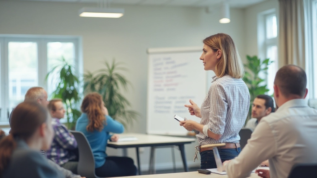 Docent die Nederlandse grammatica uitlegt aan leerling in klaslokaal met whiteboard op achtergrond