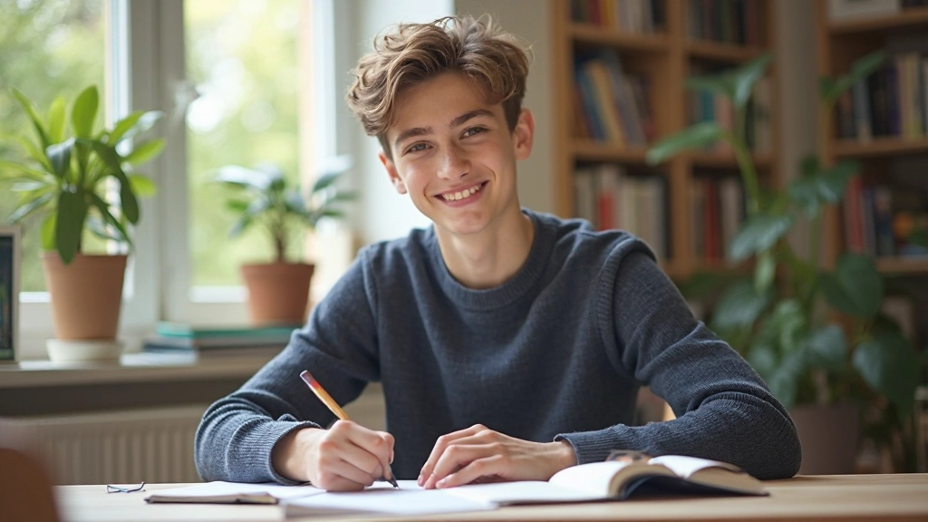 Jonge leerling schrijft Nederlandse zinnen met werkwoorden in notitieboekje in zonnig studeerkamer