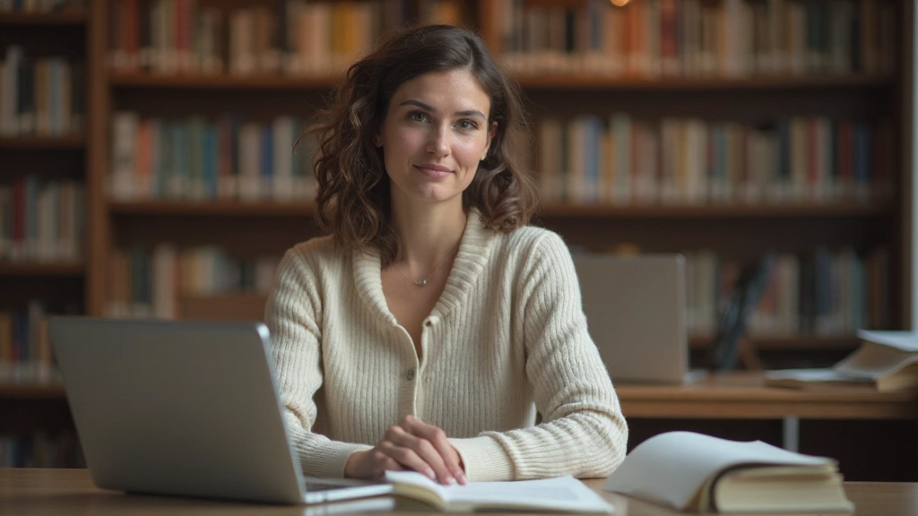 Vrouw in bibliotheek zit achter computer en bestudeert Nederlands grammatica, open leerboek naast toetsenbord, concentratie op gezicht